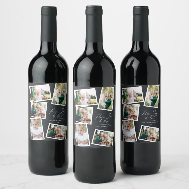 Multi photo modern elegant script black  wine label (Bottles)