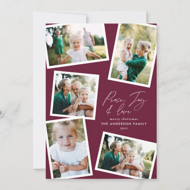 Multi photo modern elegant script burgundy holiday card (Front)