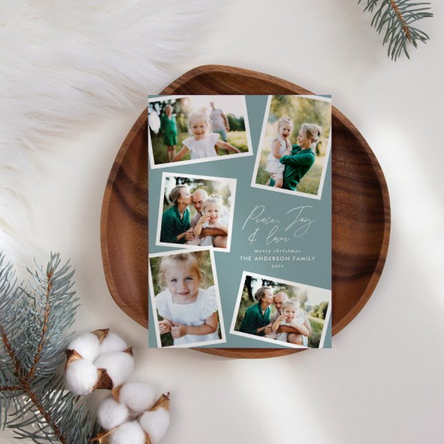 Multi photo modern elegant script dusty blue holiday card (Creator Uploaded)