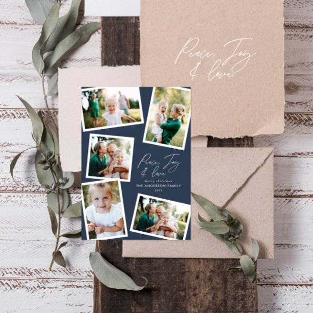 Multi photo modern elegant script navy blue holiday card (Creator Uploaded)