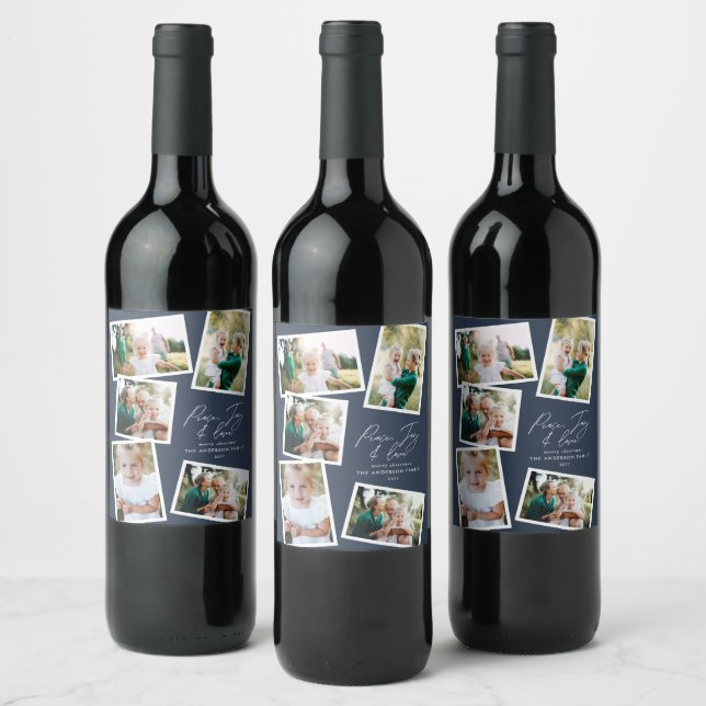 Multi photo modern elegant script navy blue wine label (Bottles)