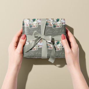 Multi photo modern elegant script olive green wrapping paper