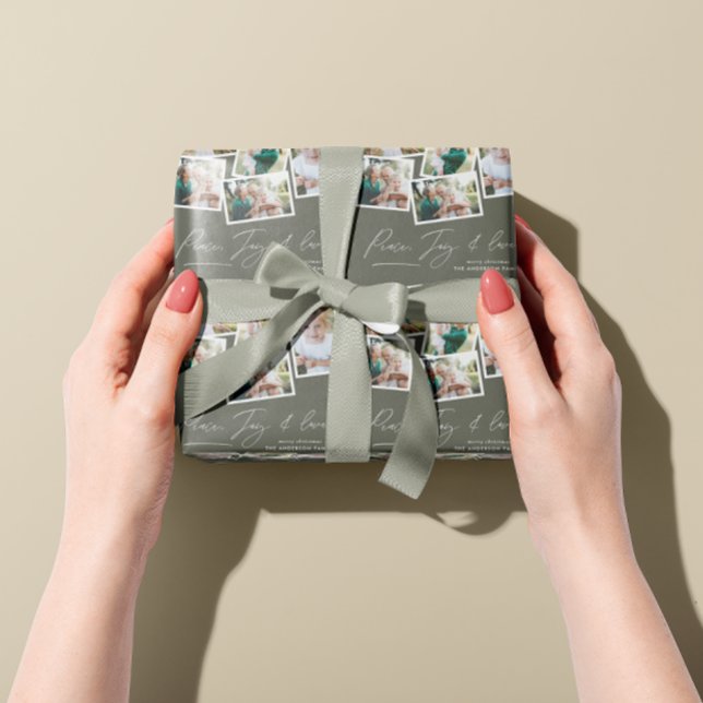 Multi photo modern elegant script olive green wrapping paper (Creator Uploaded)