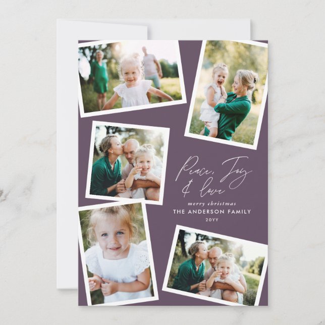 Multi photo modern elegant script purple holiday card (Front)