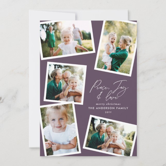 Multi photo modern elegant script purple party holiday card (Front)