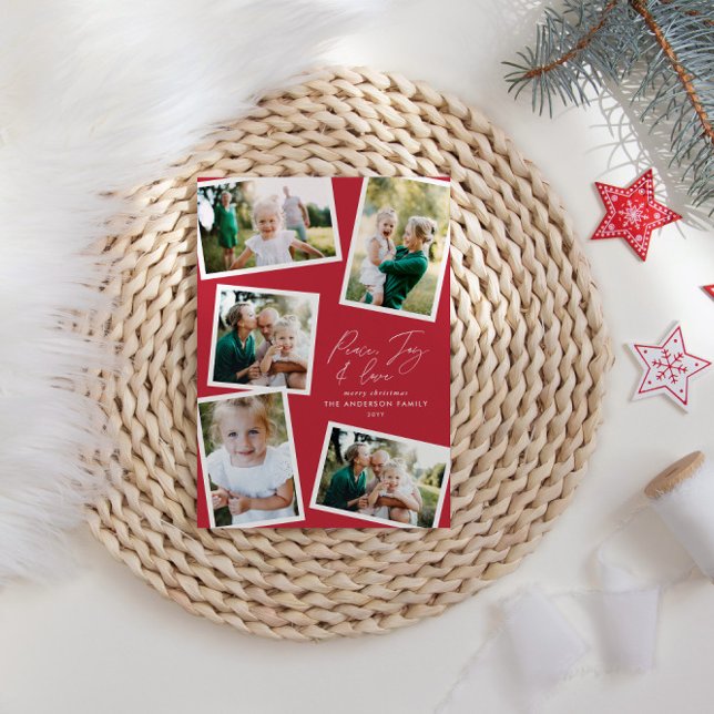 Multi photo modern elegant script red party holiday card (Creator Uploaded)