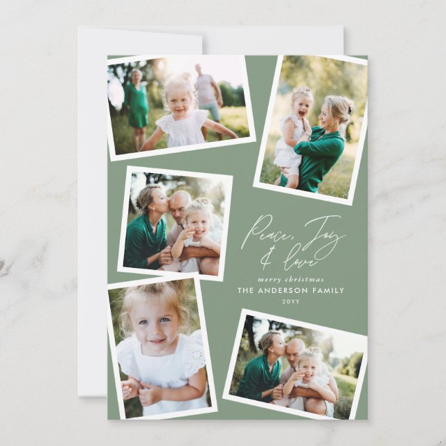 Multi photo modern elegant script sage green party holiday card (Front)