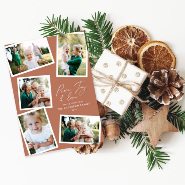 Multi photo modern elegant script terracotta holiday card (Creator Uploaded)