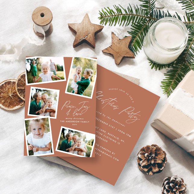 Multi photo modern elegant script terracotta party holiday card (Creator Uploaded)