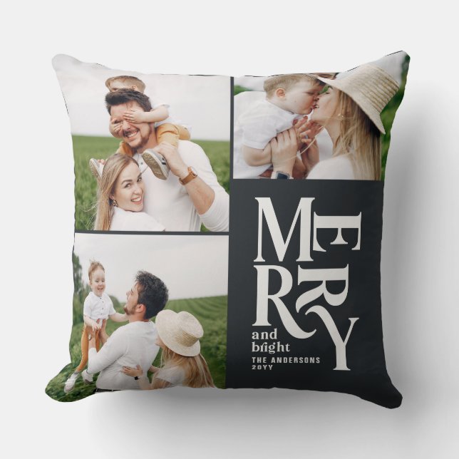 multi photo modern elegant typography unique black cushion (Front)