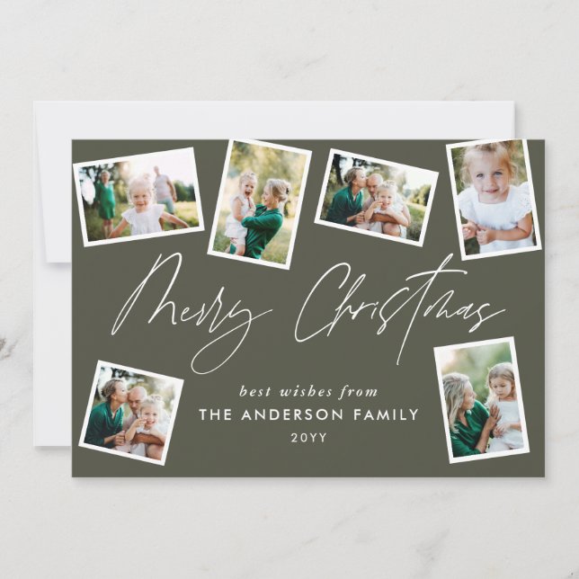 Multi photo modern merry christmas script green holiday card (Front)