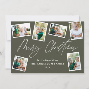 Multi photo modern merry christmas script green holiday card