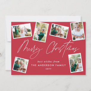 Multi photo modern merry christmas script red holiday card