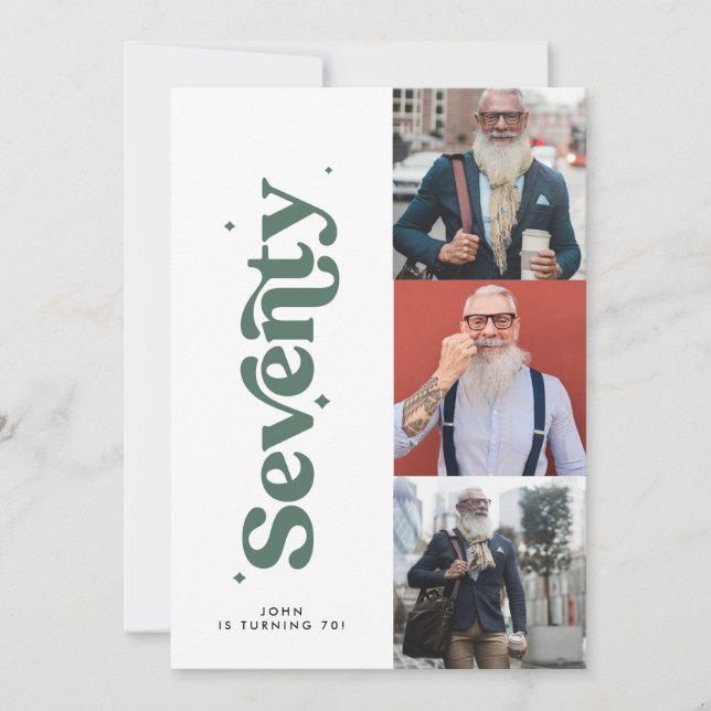 Multi photo modern minimal simple sage green 70th invitation (Front)