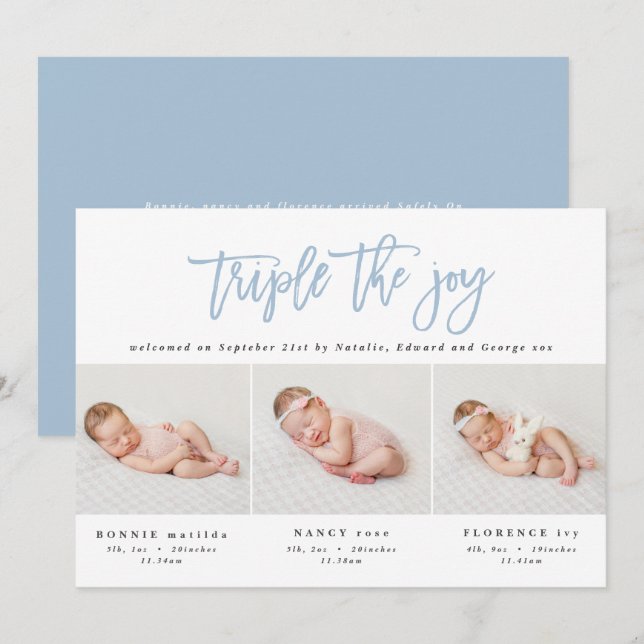 Multi photo modern triplet birth announcement (Front/Back)