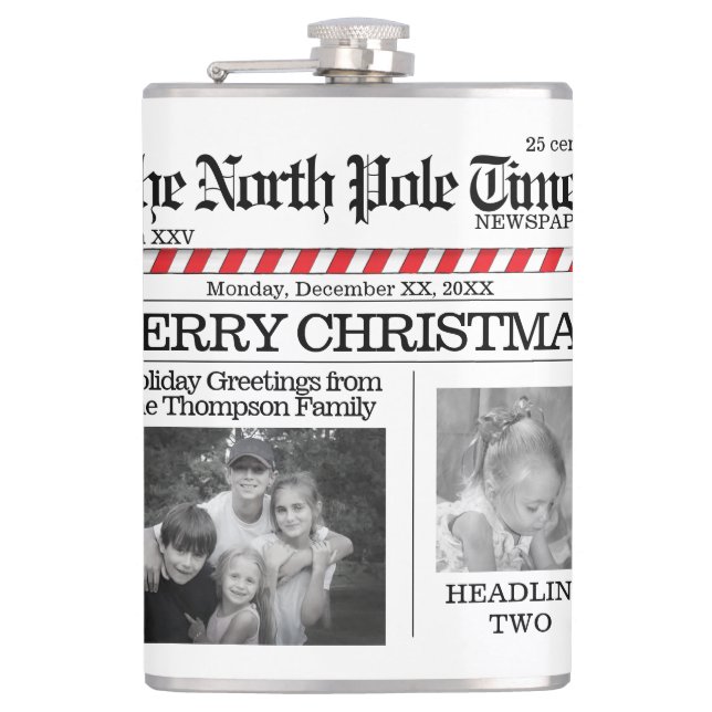 Multi Photo North Pole News Christmas Cute Merry Hip Flask (Front)
