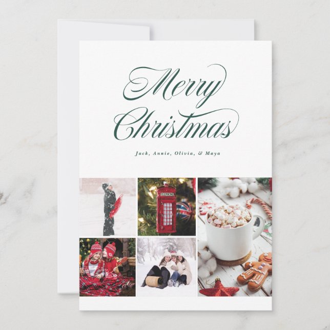 Multi photo Pretty Cursive Green Holiday Card (Front)
