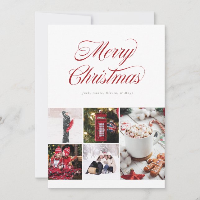 Multi photo Pretty Cursive Red Holiday Card (Front)