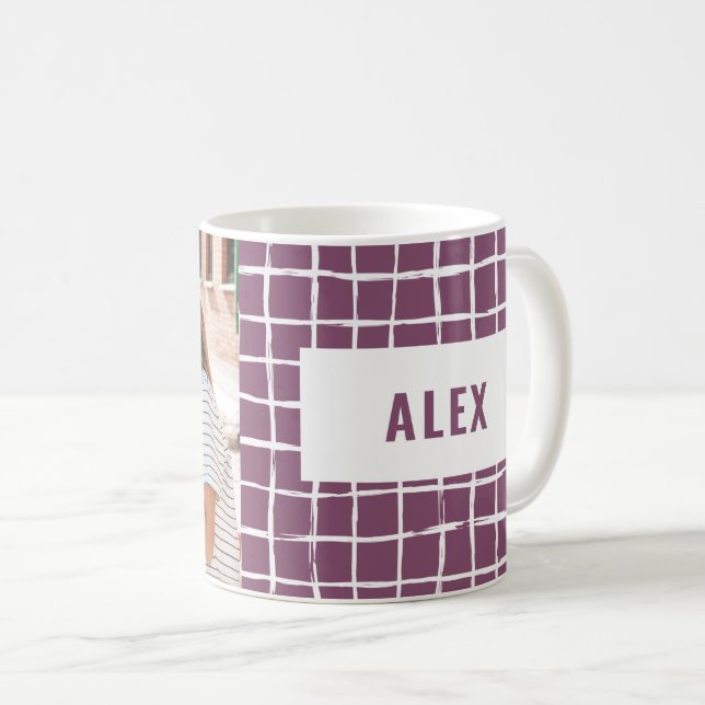 Multi photo purple check modern minimal coffee mug (Front Right)