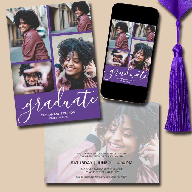 Multi Photo Purple Graduation Party Invitation (Multi Photo Purple Graduation Party Invitations - PRINTED and/or INSTANT DOWNLOAD)