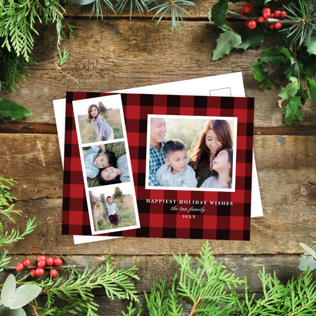 Multi-Photo Red Black Buffalo Plaid Holiday Card (Creator Uploaded)