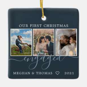 Multi photos first Christmas Engaged blue Ceramic Ornament