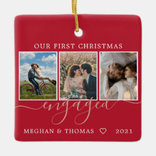 Multi photos first Christmas Engaged red Ceramic Ornament