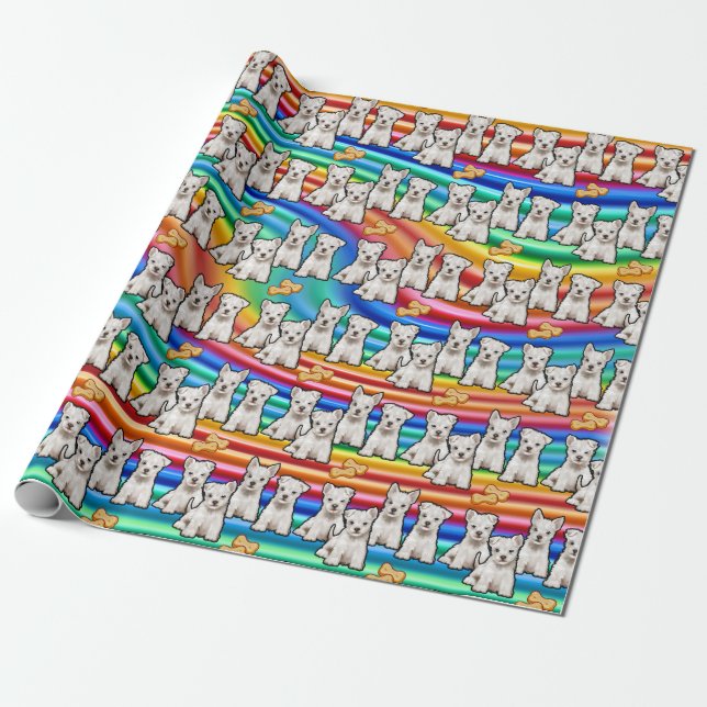 Multi pups rainbow giftwrap wrapping paper (Unrolled)
