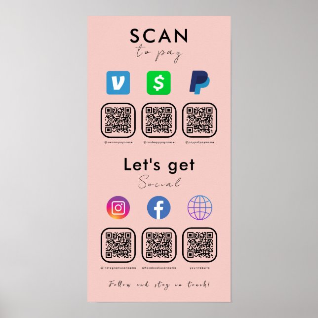 Multi QR Code Connect With Us Scan To Pay Pink Poster (Front)