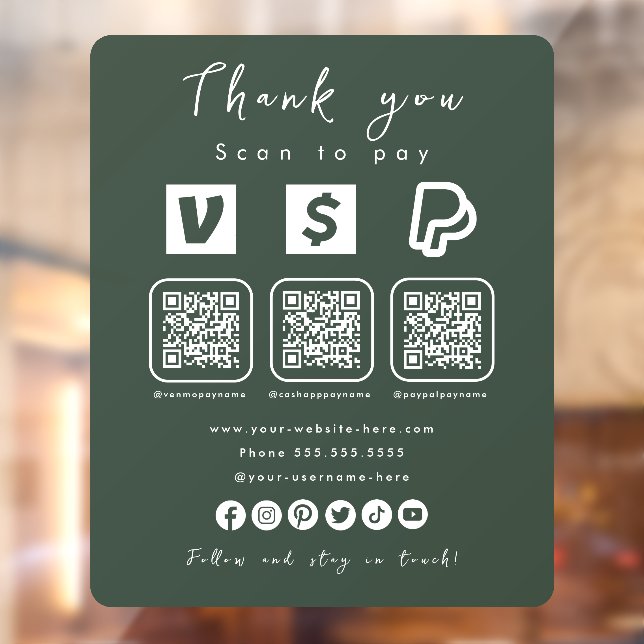 Multi QR Code Paypal Venmo Cash App Forest Green Window Cling (Sheet 2)