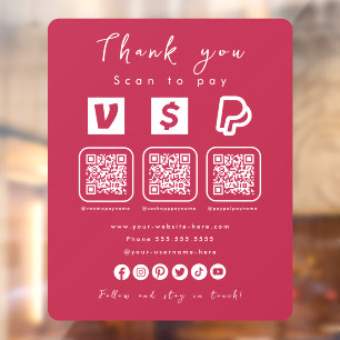 Multi QR Code Paypal Venmo Cash App Hot Pink Window Cling