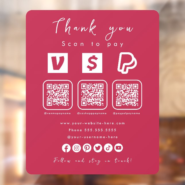 Multi QR Code Paypal Venmo Cash App Hot Pink Window Cling (Sheet 2)