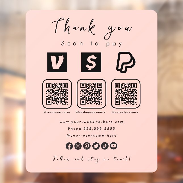 Multi QR Code Paypal Venmo Cash App Modern Pink Window Cling (Sheet 2)
