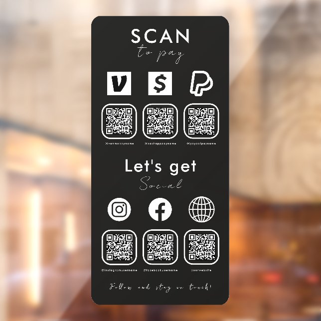 Multi QR Code Scan To Pay Connect With Us Black Window Cling (Sheet 2)
