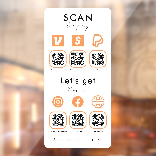 Multi QR Code Scan To Pay Connect With Us Orange Window Cling (Sheet 2)