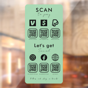 Multi QR Code Scan To Pay Social Media Mint Green Window Cling