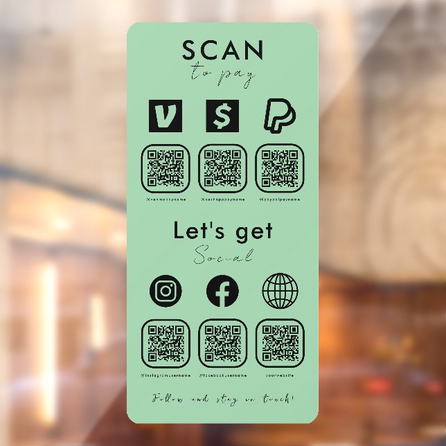 Multi QR Code Scan To Pay Social Media Mint Green Window Cling (Sheet 2)