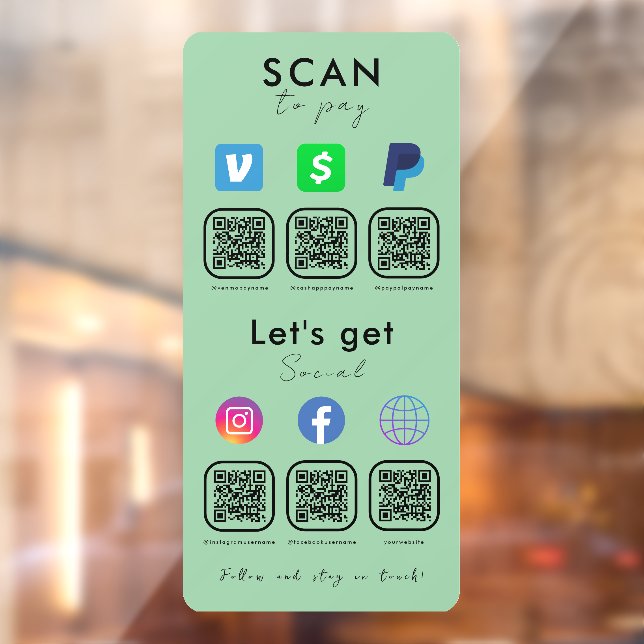 Multi QR Code Social Media Scan To Pay Mint Green Window Cling (Sheet 2)