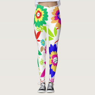 multi rainbow coloured flower and leaves design leggings