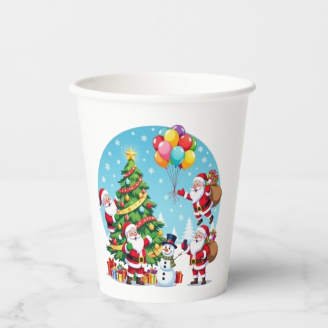 **“Multi-Santa Christmas Fun – 3D Cartoon Transpar Paper Cups (Front)