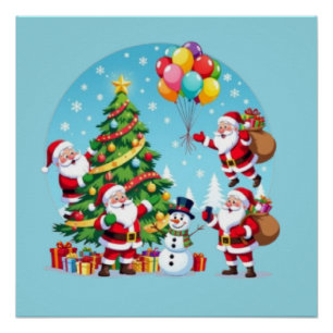 **“Multi-Santa Christmas Fun – 3D Cartoon Transpar Poster
