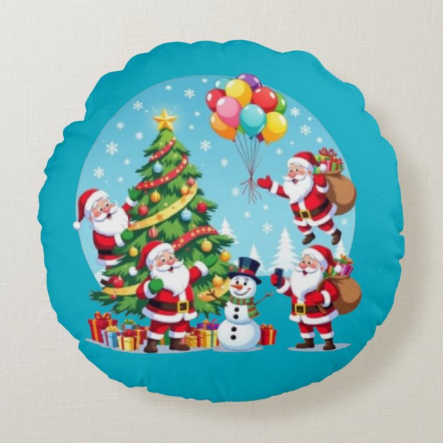 **“Multi-Santa Christmas Fun – 3D Cartoon Transpar Round Cushion (Front)