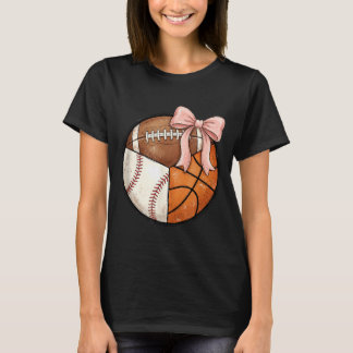 Multi Sport Ball Pink Bow Baseball Football T-Shirt