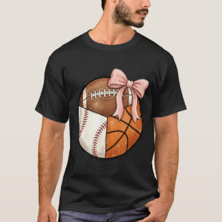 Multi Sport Ball Pink Bow Baseball Football T-Shirt