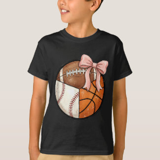 Multi Sport Ball Pink Bow Baseball Football T-Shirt