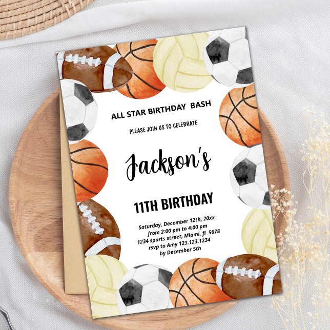 Multi-Sport Party Theme for Active Kids Invitation (Sports Birthday Invitations)
