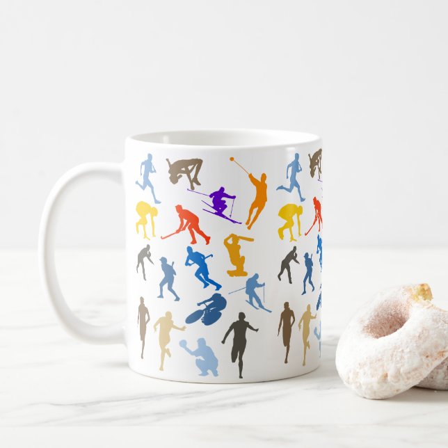 Multi-Sport Themed Silhouette Design Coffee Mug (With Donut)