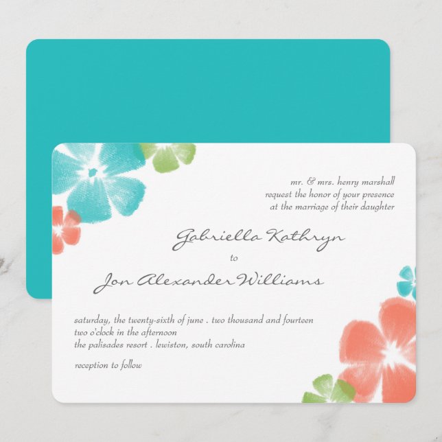 Multi Tropical Watercolor Wedding Invite / Aqua (Front/Back)