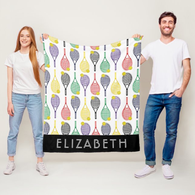 Multi | White Tennis Personalised Name or Monogram Fleece Blanket (In Situ)
