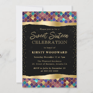 Multicolor and Gold Mermaid Scales Sweet 16 Invitation
